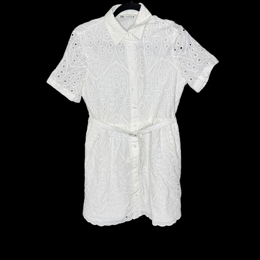 Zara White Eyelet Shirt Dress Medium Belted Cotton Summer Beach Coastal